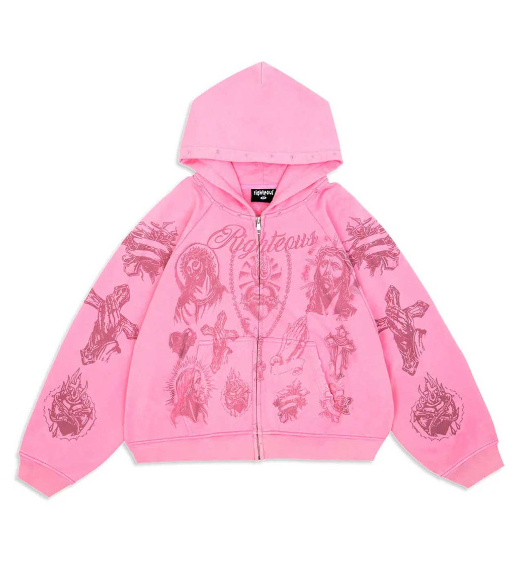 Righteous Tattoo Zip Up Hoodie Pink